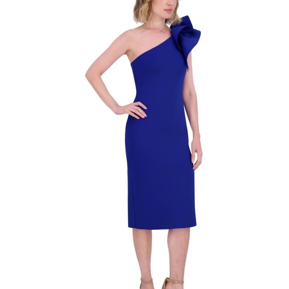 Eliza J One-Shoulder Ruffle Cocktail Dress NWT Size 4 Cobalt Blue Sheath Elegant - Picture 2 of 4